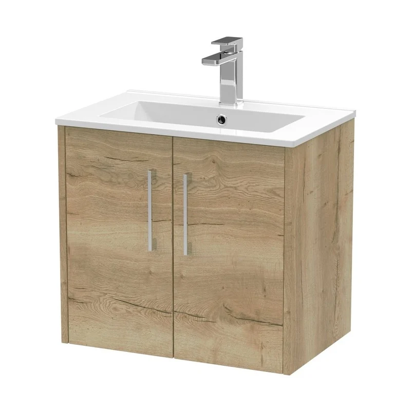 Hudson Reed Juno 600mm Wall Hung 2 Door Vanity & Basin 2 Contemp Autumn Oak MFC Textured Woodgrain 554x600x390mm
