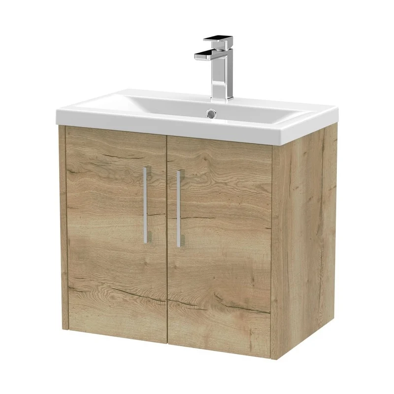 Hudson Reed Juno 600mm Wall Hung 2 Door Vanity & Basin 1 Contemp Autumn Oak MFC Textured Woodgrain 579x600x390mm