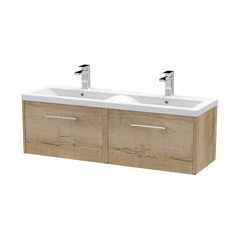 Hudson Reed Juno 1200mm Wall Hung 2 Drawer Vanity & Double Basin Contemp Autumn Oak MFC Textured Woodgrain 359x1205x390mm - JNU1822F