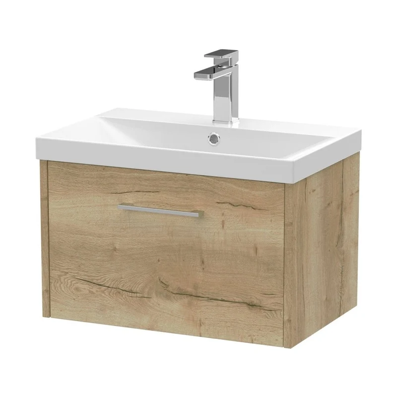 Hudson Reed Juno 600mm Wall Hung Single Drawer Vanity & Basin 3 Contemp Autumn Oak MFC Textured Woodgrain 409x600x395mm