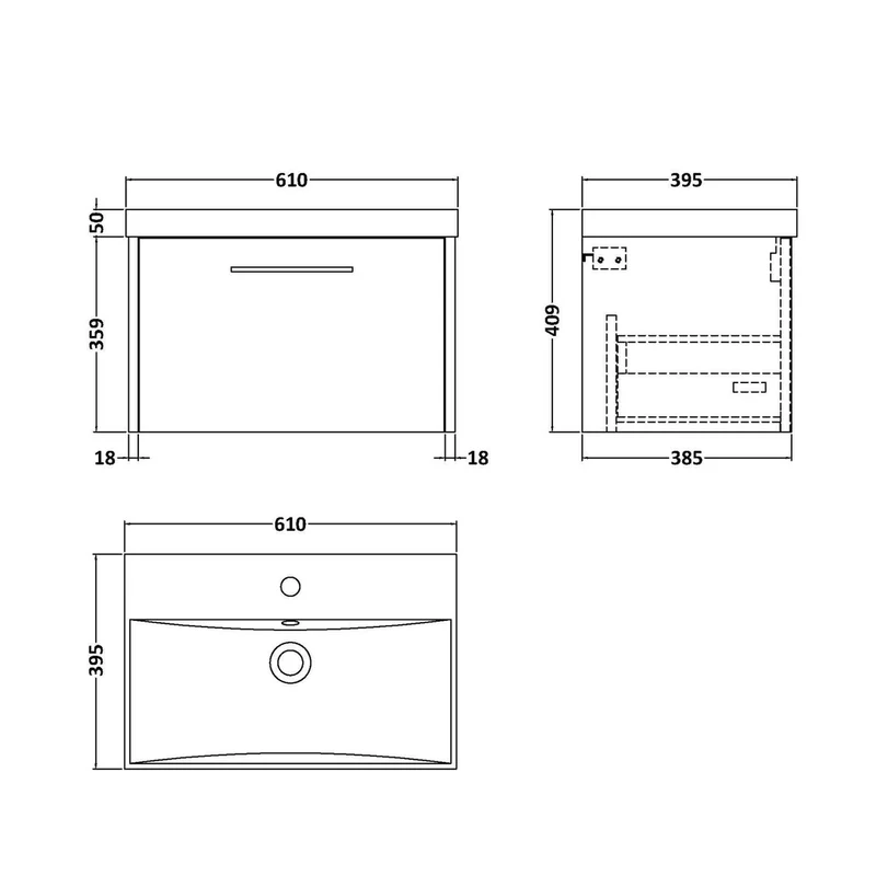 Hudson Reed Juno 600mm Wall Hung Single Drawer Vanity & Basin 3 Contemp Autumn Oak MFC Textured Woodgrain 409x600x395mm