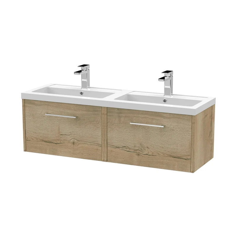 Hudson Reed Juno 1200mm Wall Hung 2 Drawer Vanity & Double Basin Contemp Autumn Oak MFC Textured Woodgrain 359x1205x390mm - JNU1822C