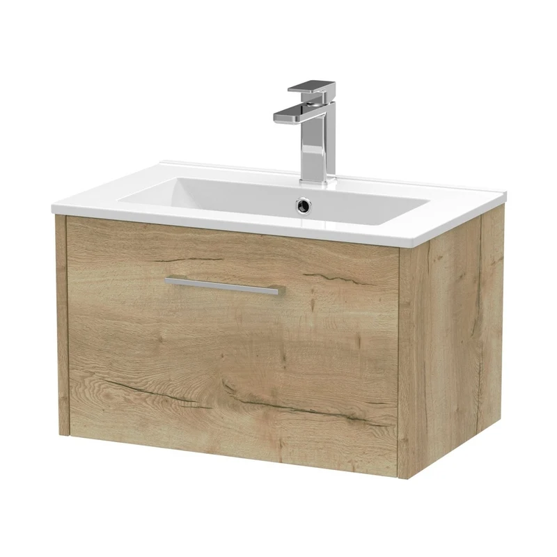 Hudson Reed Juno 600mm Wall Hung Single Drawer Vanity & Basin 2 Contemp Autumn Oak MFC Textured Woodgrain 374x600x390mm