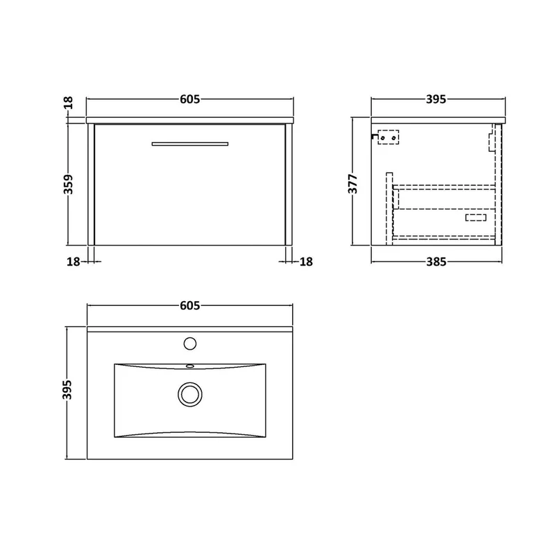 Hudson Reed Juno 600mm Wall Hung Single Drawer Vanity & Basin 2 Contemp Autumn Oak MFC Textured Woodgrain 374x600x390mm