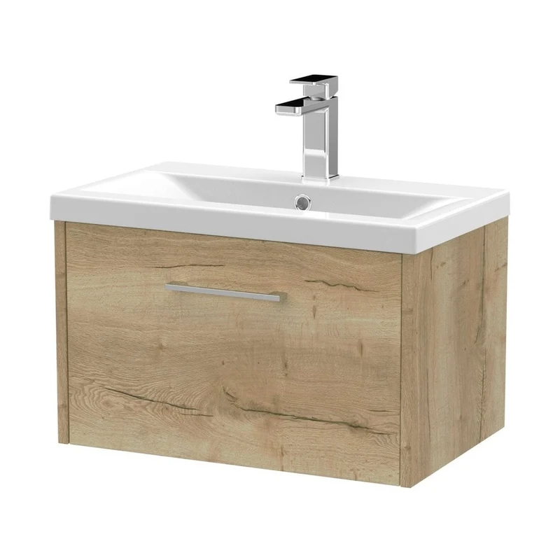 Hudson Reed Juno 600mm Wall Hung Single Drawer Vanity & Basin 1 Contemp Autumn Oak MFC Textured Woodgrain 399x600x390mm