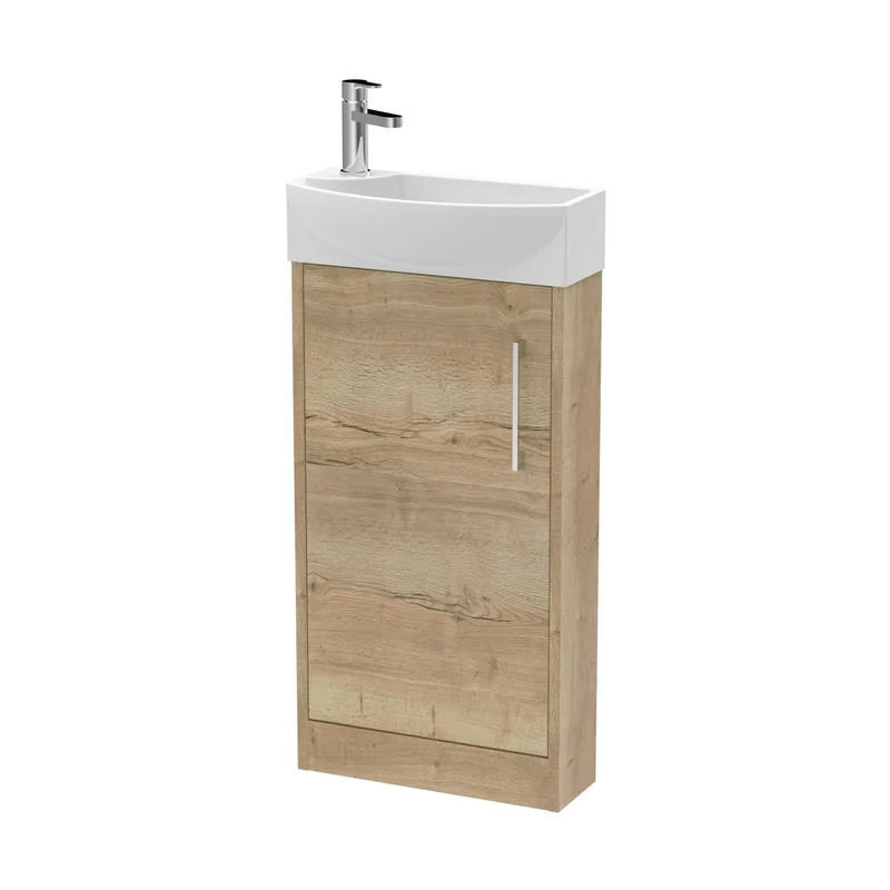 Hudson Reed Juno Compact 440mm Floor Standing 1 Door Unit & 1th Basin Rh Contemp Autumn Oak MFC Textured Woodgrain 923x450x220mm