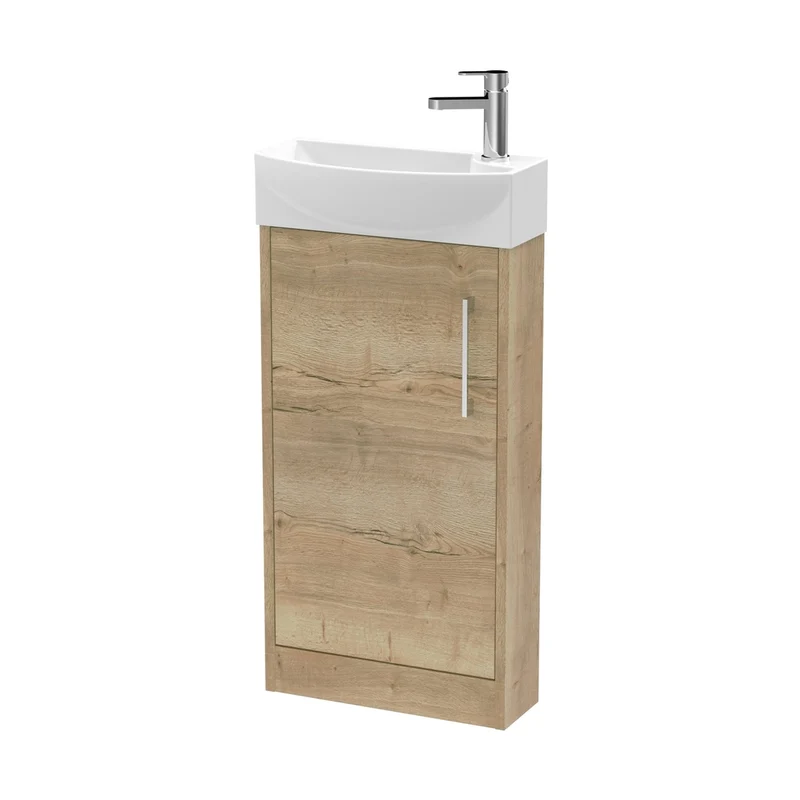 Hudson Reed Juno Compact 440mm Floor Standing 1 Door Unit & 1th Basin Lh Contemp Autumn Oak MFC Textured Woodgrain 923x450x220mm