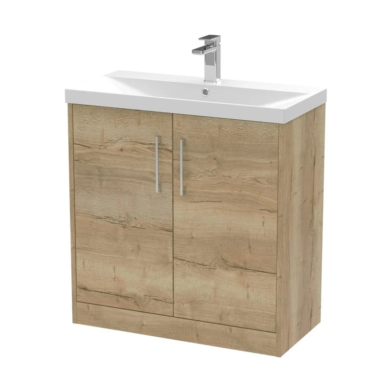 Hudson Reed Juno 800mm Floor Standing 2 Door Vanity & Basin 3 Contemp Autumn Oak MFC Textured Woodgrain 853x800x395mm