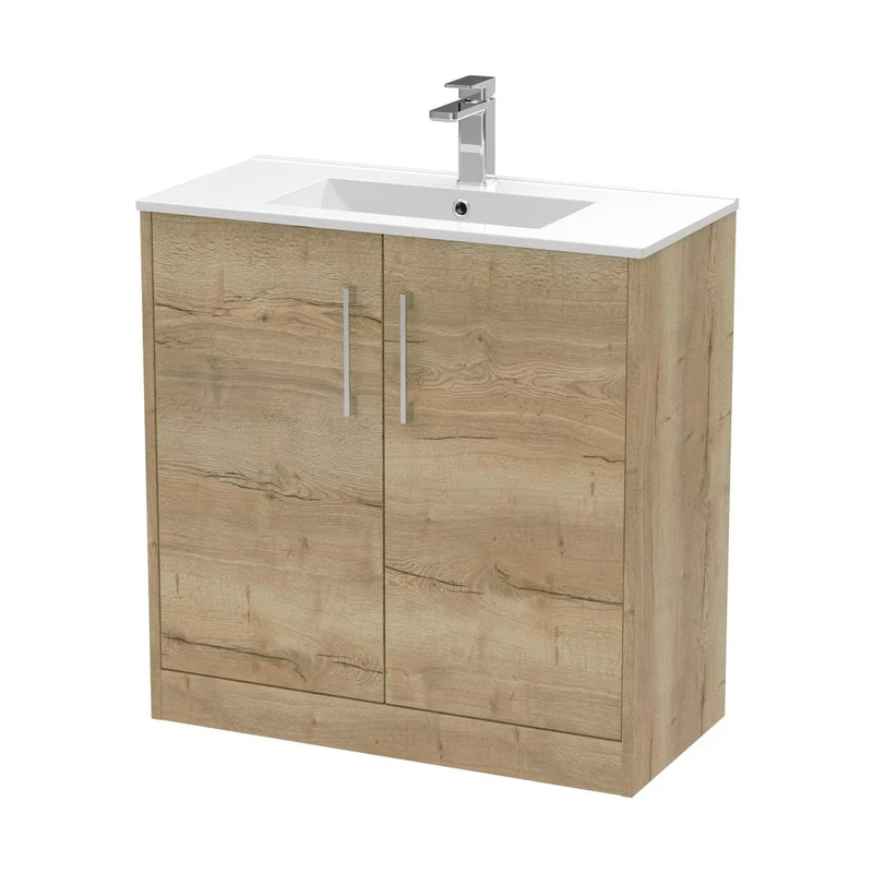 Hudson Reed Juno 800mm Floor Standing 2 Door Vanity & Basin 2 Contemp Autumn Oak MFC Textured Woodgrain 818x800x390mm