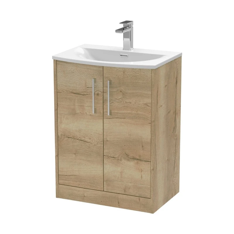 Hudson Reed Juno 600mm Floor Standing 2 Door Vanity & Basin 4 Contemp Autumn Oak MFC Textured Woodgrain 833x610x440mm