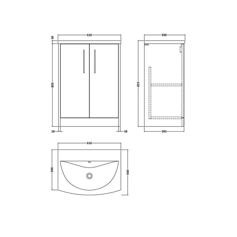 Hudson Reed Juno 600mm Floor Standing 2 Door Vanity & Basin 4 Contemp Autumn Oak MFC Textured Woodgrain 833x610x440mm