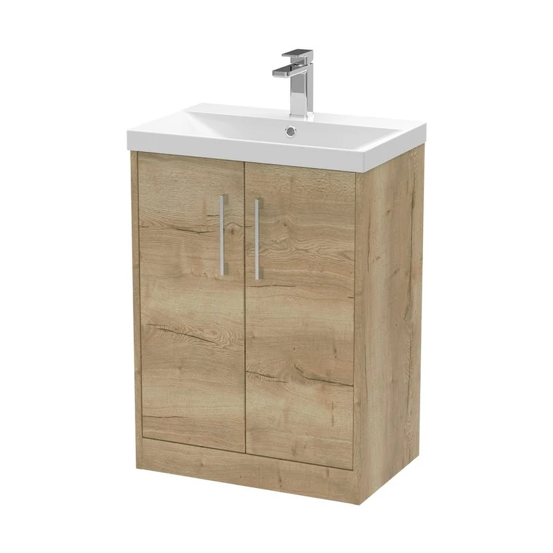Hudson Reed Juno 600mm Floor Standing 2 Door Vanity & Basin 3 Contemp Autumn Oak MFC Textured Woodgrain 853x600x395mm