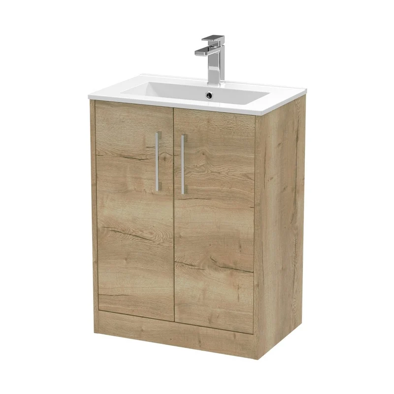 Hudson Reed Juno 600mm Floor Standing 2 Door Vanity & Basin 2 Contemp Autumn Oak MFC Textured Woodgrain 818x600x390mm
