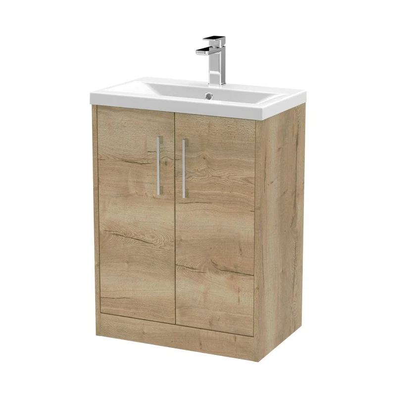 Hudson Reed Juno 600mm Floor Standing 2 Door Vanity & Basin 1 Contemp Autumn Oak MFC Textured Woodgrain 843x600x390mm
