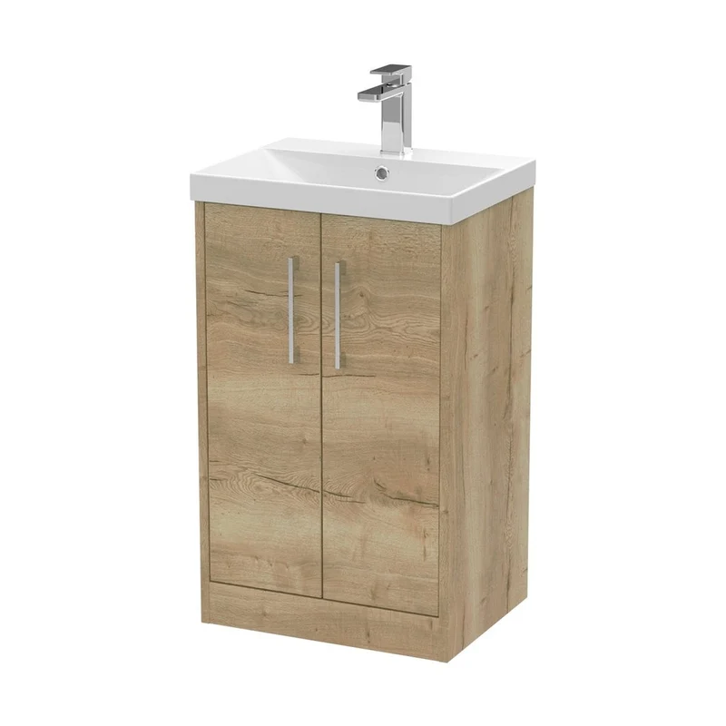 Hudson Reed Juno 500mm Floor Standing 2 Door Vanity & Basin 3 Contemp Autumn Oak MFC Textured Woodgrain 853x500x395mm