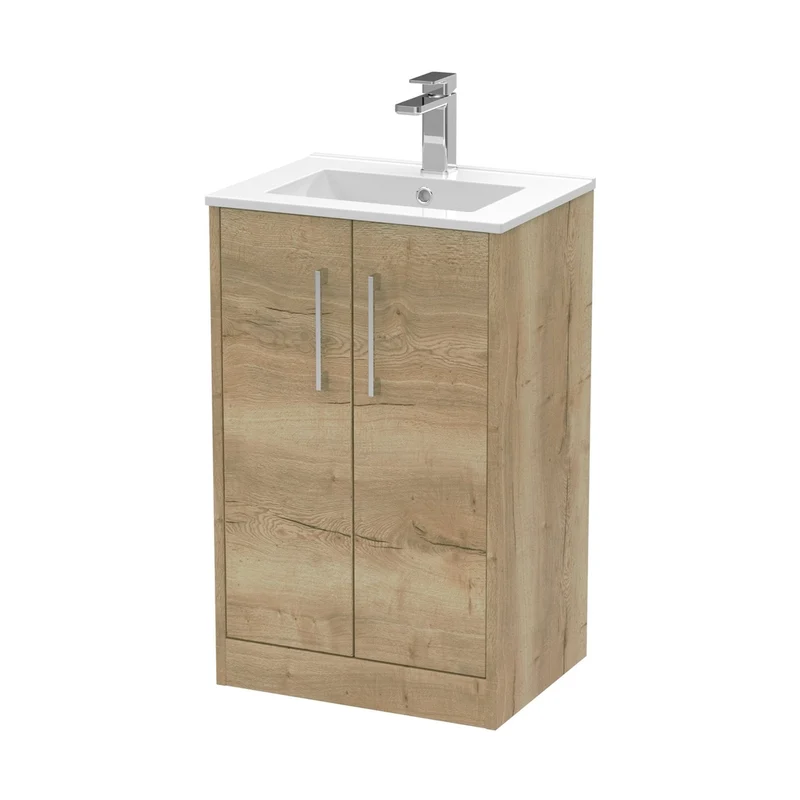 Hudson Reed Juno 500mm Floor Standing 2 Door Vanity & Basin 2 Contemp Autumn Oak MFC Textured Woodgrain 818x500x390mm