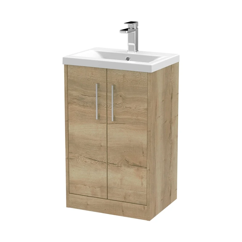 Hudson Reed Juno 500mm Floor Standing 2 Door Vanity & Basin 1 Contemp Autumn Oak MFC Textured Woodgrain 843x500x390mm