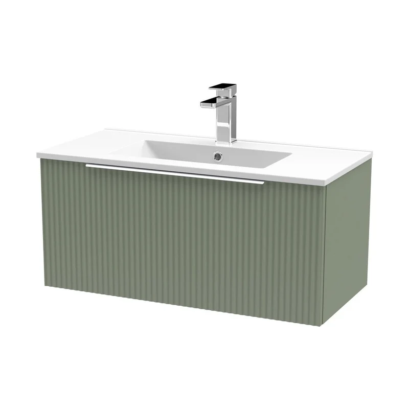 Hudson Reed Fluted 800mm Wall Hung Single Drawer Vanity & Basin 2 Contemp Satin Green MFC Painted Gloss 377x800x390mm