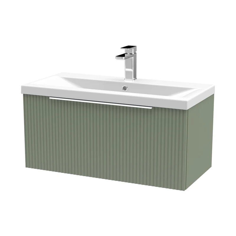 Hudson Reed Fluted 800mm Wall Hung Single Drawer Vanity & Basin 1 Contemp Satin Green MFC Painted Gloss 399x810x390mm