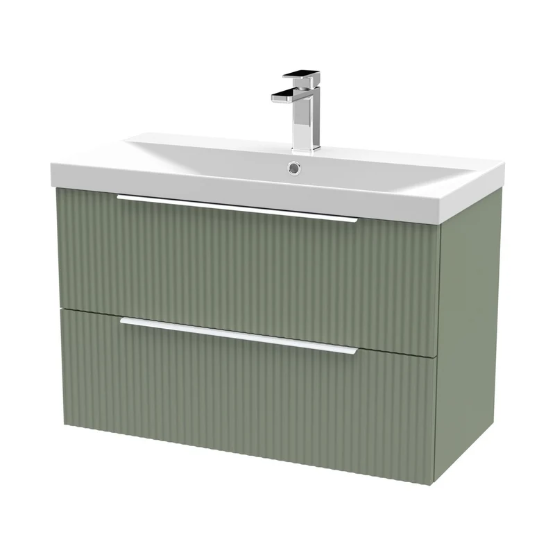 Hudson Reed Fluted 800mm Wall Hung 2 Drawer Vanity & Basin 3 Contemp Satin Green MFC Painted Gloss 550x810x395mm