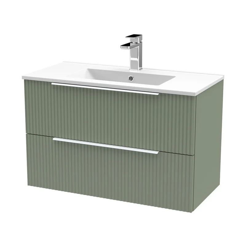 Hudson Reed Fluted 800mm Wall Hung 2 Drawer Vanity & Basin 2 Contemp Satin Green MFC Painted Gloss 518x800x390mm
