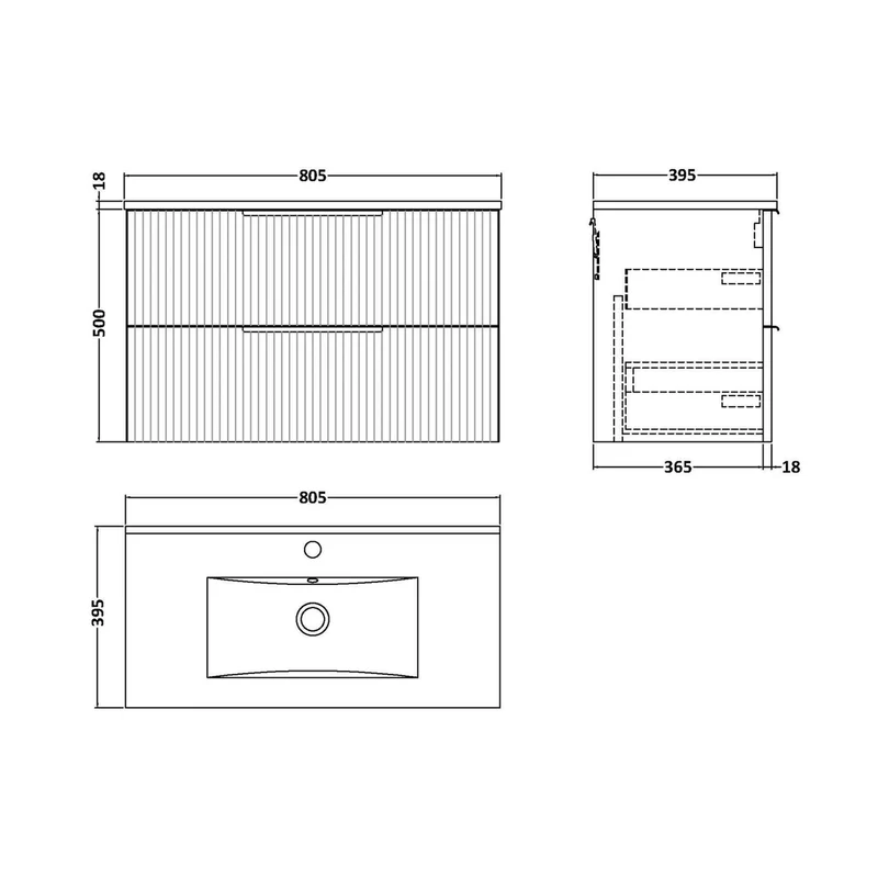 Hudson Reed Fluted 800mm Wall Hung 2 Drawer Vanity & Basin 2 Contemp Satin Green MFC Painted Gloss 518x800x390mm