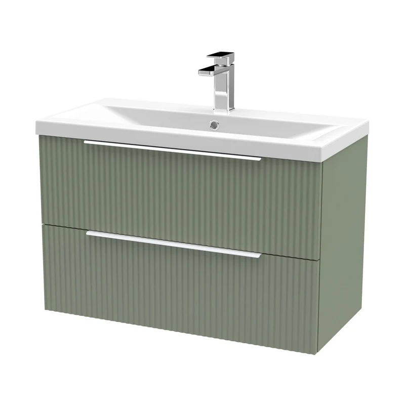 Hudson Reed Fluted 800mm Wall Hung 2 Drawer Vanity & Basin 1 Contemp Satin Green MFC Painted Gloss 540x810x390mm