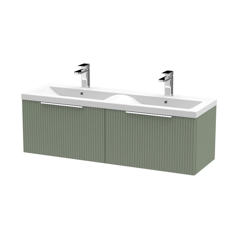 Hudson Reed Fluted 1200mm Wall Hung 2 Drawer Vanity & Double Basin Contemp Satin Green MFC Painted Gloss 399x1205x383mm - DFF894F