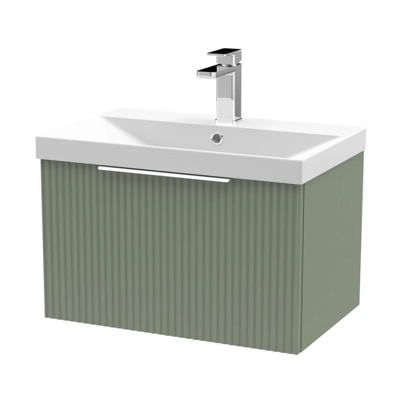 Hudson Reed Fluted 600mm Wall Hung Single Drawer Vanity & Basin 3 Contemp Satin Green MFC Painted Gloss 409x610x395mm