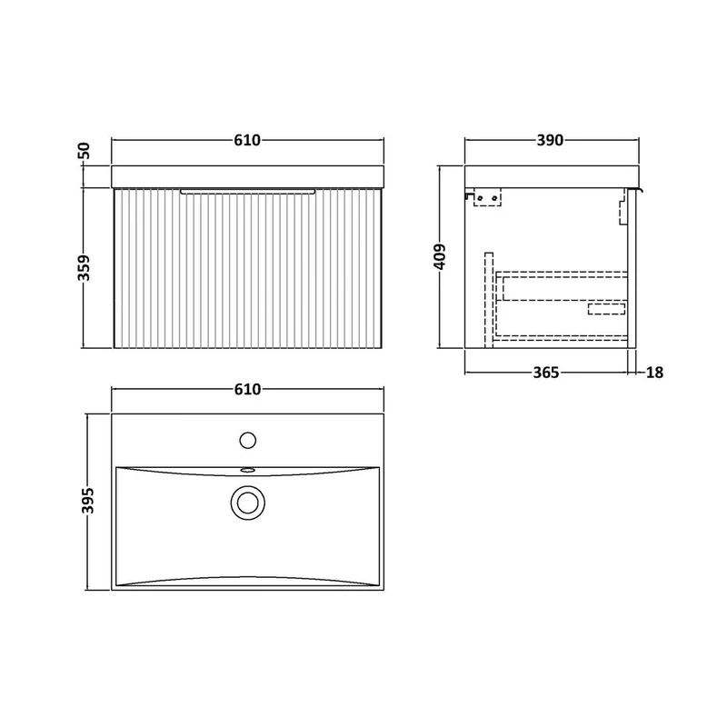 Hudson Reed Fluted 600mm Wall Hung Single Drawer Vanity & Basin 3 Contemp Satin Green MFC Painted Gloss 409x610x395mm