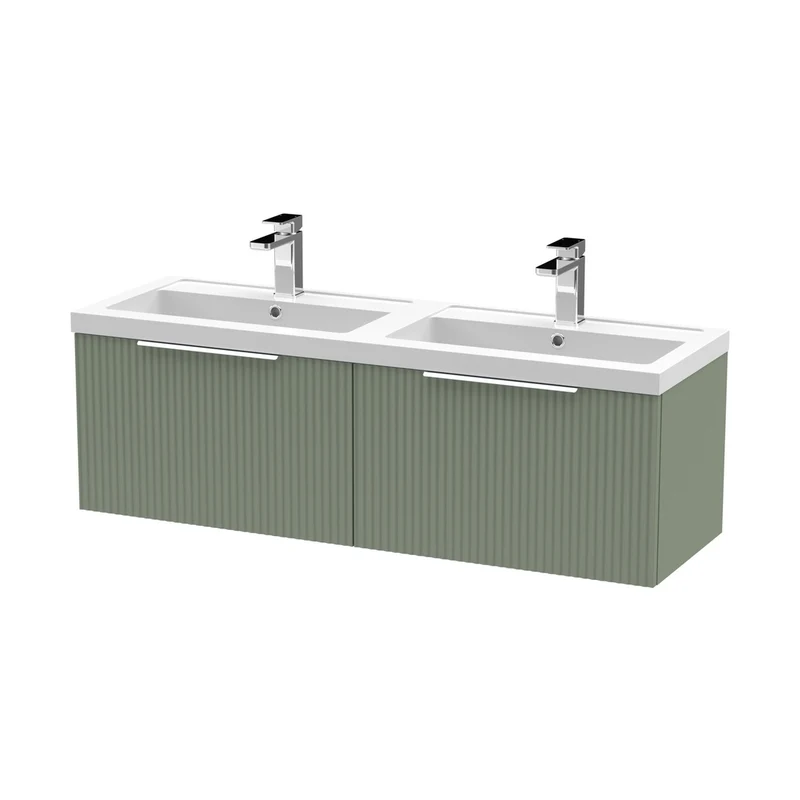 Hudson Reed Fluted 1200mm Wall Hung 2 Drawer Vanity & Double Basin Contemp Satin Green MFC Painted Gloss 399x1205x383mm - DFF894C