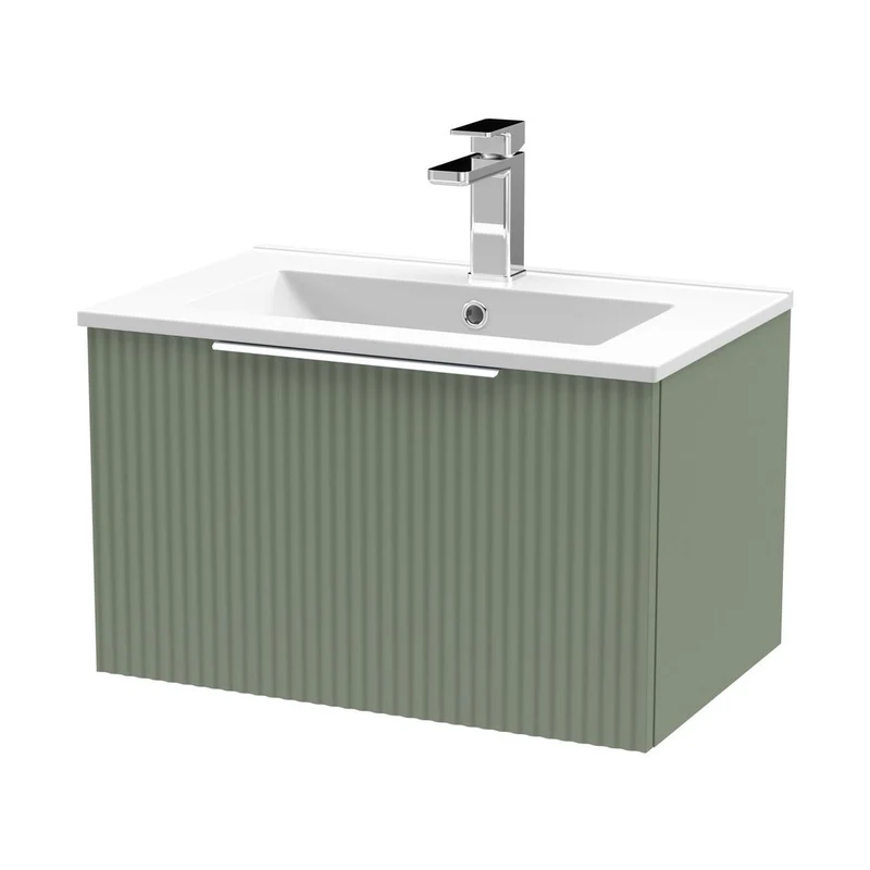 Hudson Reed Fluted 600mm Wall Hung Single Drawer Vanity & Basin 2 Contemp Satin Green MFC Painted Gloss 377x600x390mm