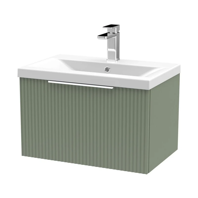 Hudson Reed Fluted 600mm Wall Hung Single Drawer Vanity & Basin 1 Contemp Satin Green MFC Painted Gloss 399x610x390mm