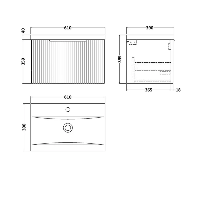 Hudson Reed Fluted 600mm Wall Hung Single Drawer Vanity & Basin 1 Contemp Satin Green MFC Painted Gloss 399x610x390mm