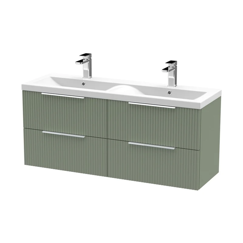 Hudson Reed Fluted 1200mm Wall Hung 4 Drawer Vanity & Double Basin Contemp Satin Green MFC Painted Gloss 540x1205x383mm - DFF893F