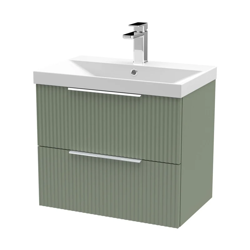 Hudson Reed Fluted 600mm Wall Hung 2 Drawer Vanity & Basin 3 Contemp Satin Green MFC Painted Gloss 550x610x395mm