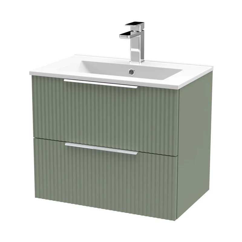 Hudson Reed Fluted 600mm Wall Hung 2 Drawer Vanity & Basin 2 Contemp Satin Green MFC Painted Gloss 518x600x390mm