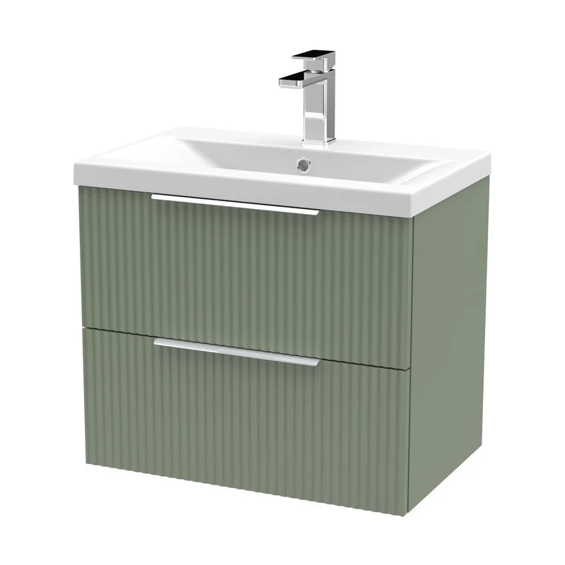 Hudson Reed Fluted 600mm Wall Hung 2 Drawer Vanity & Basin 1 Contemp Satin Green MFC Painted Gloss 540x610x390mm