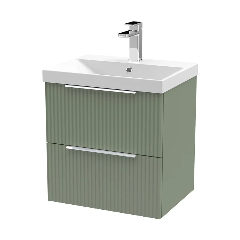Hudson Reed Fluted 500mm Wall Hung 2 Drawer Vanity & Basin 3 Contemp Satin Green MFC Painted Gloss 550x510x395mm