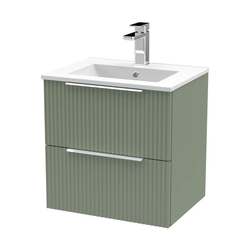 Hudson Reed Fluted 500mm Wall Hung 2 Drawer Vanity & Basin 2 Contemp Satin Green MFC Painted Gloss 518x500x390mm