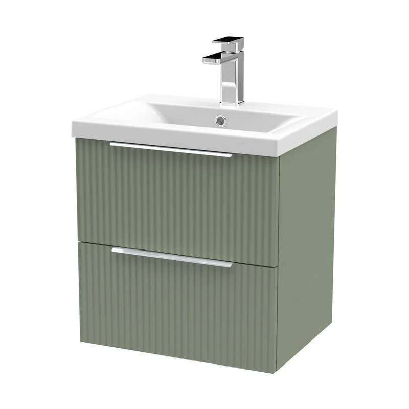 Hudson Reed Fluted 500mm Wall Hung 2 Drawer Vanity & Basin 1 Contemp Satin Green MFC Painted Gloss 540x510x390mm
