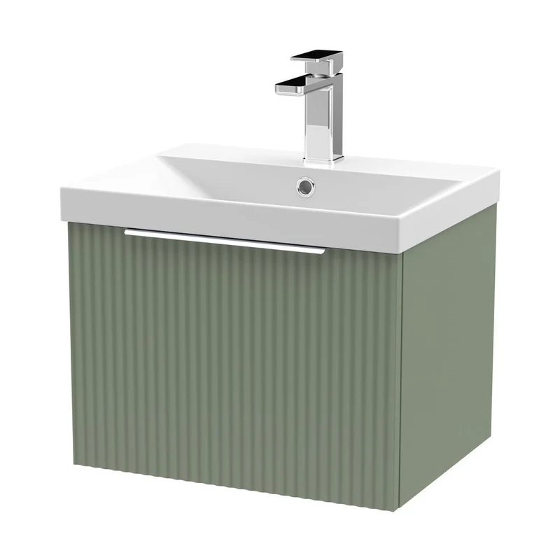 Hudson Reed Fluted 500mm Wall Hung Single Drawer Vanity & Basin 3 Contemp Satin Green MFC Painted Gloss 409x510x395mm