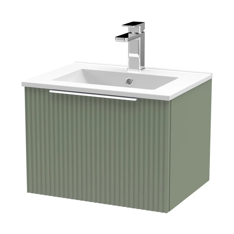 Hudson Reed Fluted 500mm Wall Hung Single Drawer Vanity & Basin 2 Contemp Satin Green MFC Painted Gloss 377x500x390mm