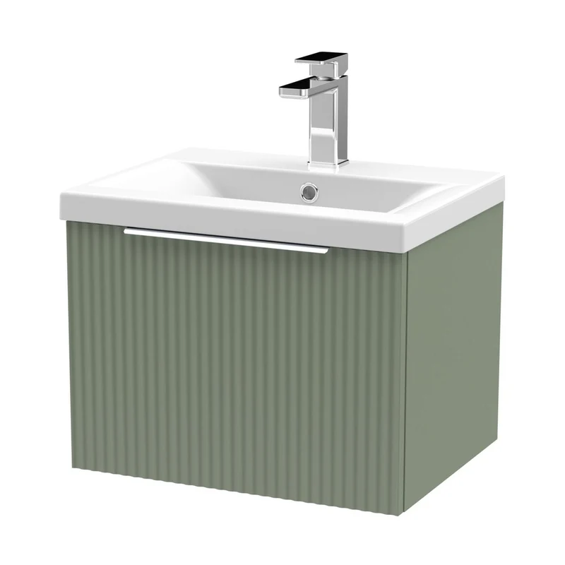 Hudson Reed Fluted 500mm Wall Hung Single Drawer Vanity & Basin 1 Contemp Satin Green MFC Painted Gloss 399x510x390mm