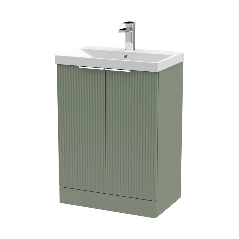 Hudson Reed Fluted 600mm Floor Standing 2 Door Vanity & Basin 3 Contemp Satin Green MFC Painted Gloss 860x610x395mm