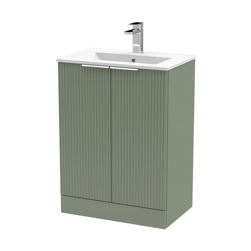 Hudson Reed Fluted 600mm Floor Standing 2 Door Vanity & Basin 2 Contemp Satin Green MFC Painted Gloss 828x600x390mm