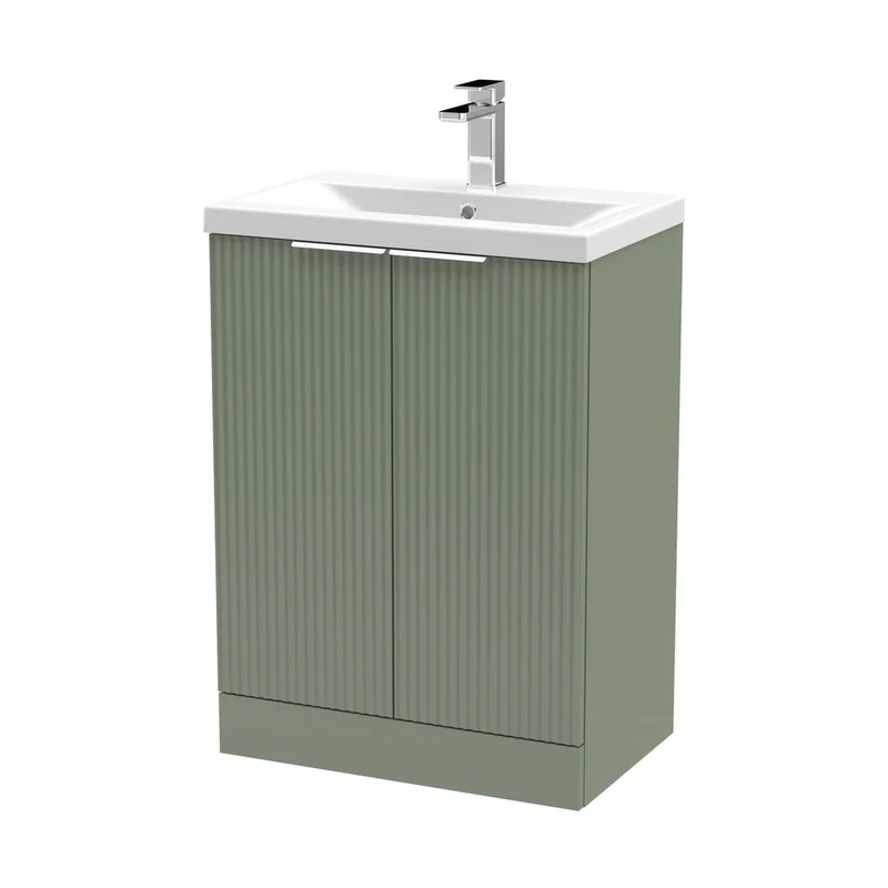 Hudson Reed Fluted 600mm Floor Standing 2 Door Vanity & Basin 1 Contemp Satin Green MFC Painted Gloss 850x610x390mm