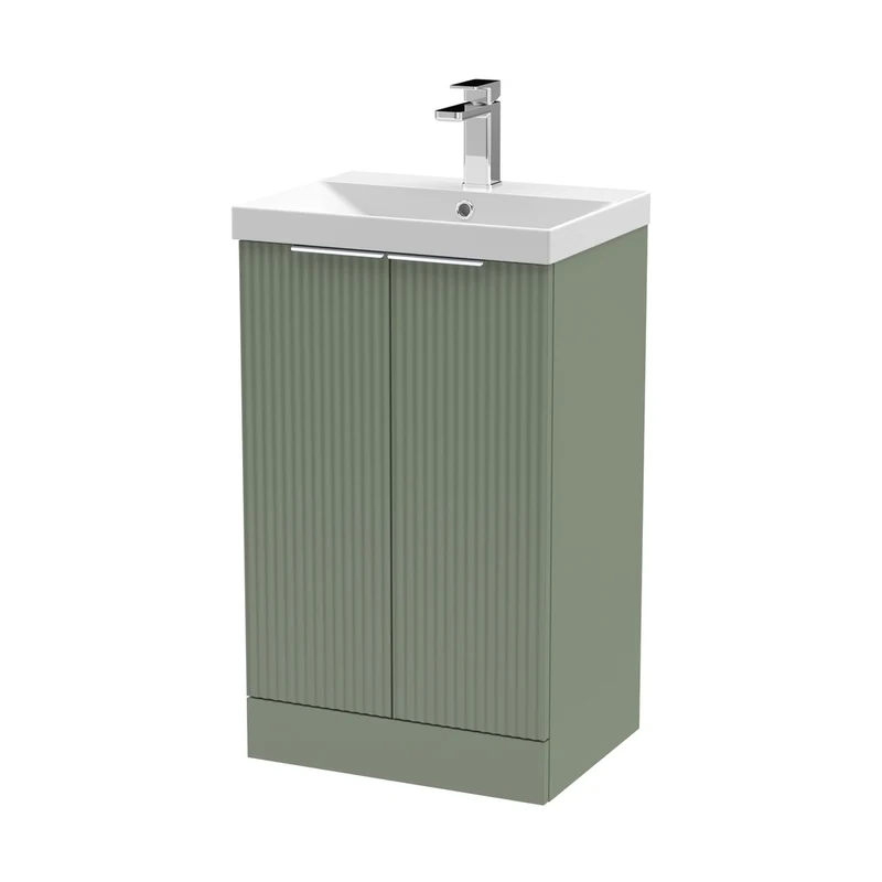 Hudson Reed Fluted 500mm Floor Standing 2 Door Vanity & Basin 3 Contemp Satin Green MFC Painted Gloss 860x510x395mm