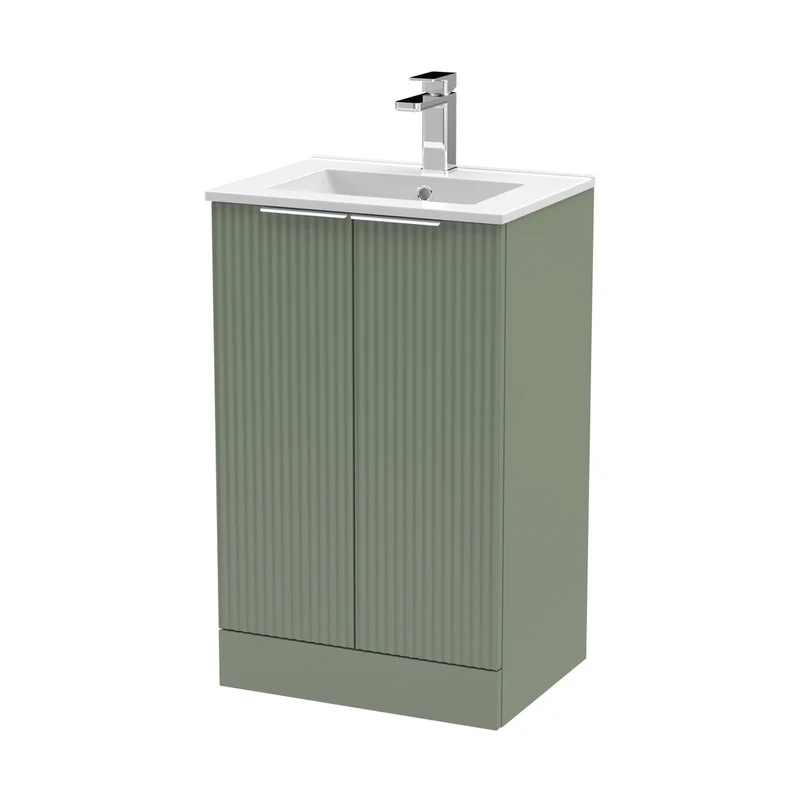 Hudson Reed Fluted 500mm Floor Standing 2 Door Vanity & Basin 2 Contemp Satin Green MFC Painted Gloss 828x500x390mm