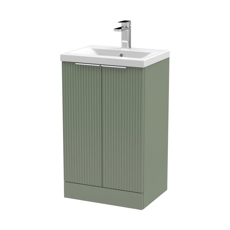 Hudson Reed Fluted 500mm Floor Standing 2 Door Vanity & Basin 1 Contemp Satin Green MFC Painted Gloss 850x510x390mm